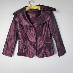 Gooyen Womens Wide Notched Collar Ruffle Trim Three Button Blazer Purple Medium